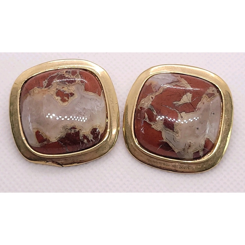 Vintage 1980s Gold Tone Red Stone Cabochon Clip On Earrings